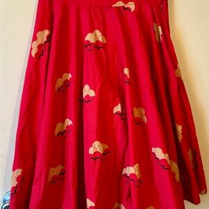 Emily & Fin Hot Pink Birds & Clouds Swingy Cotton Skirt Unique Fun Whimsy EUC M